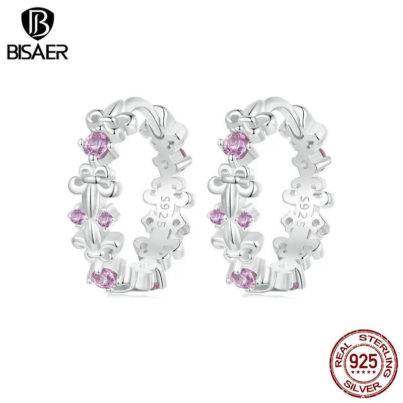 BISAER 925 Sterling Silver Iris Ear Buckles Rose Red Zircons Circle Hypoallergenic Hoop Earrings For Woman Party Fine Jewelry