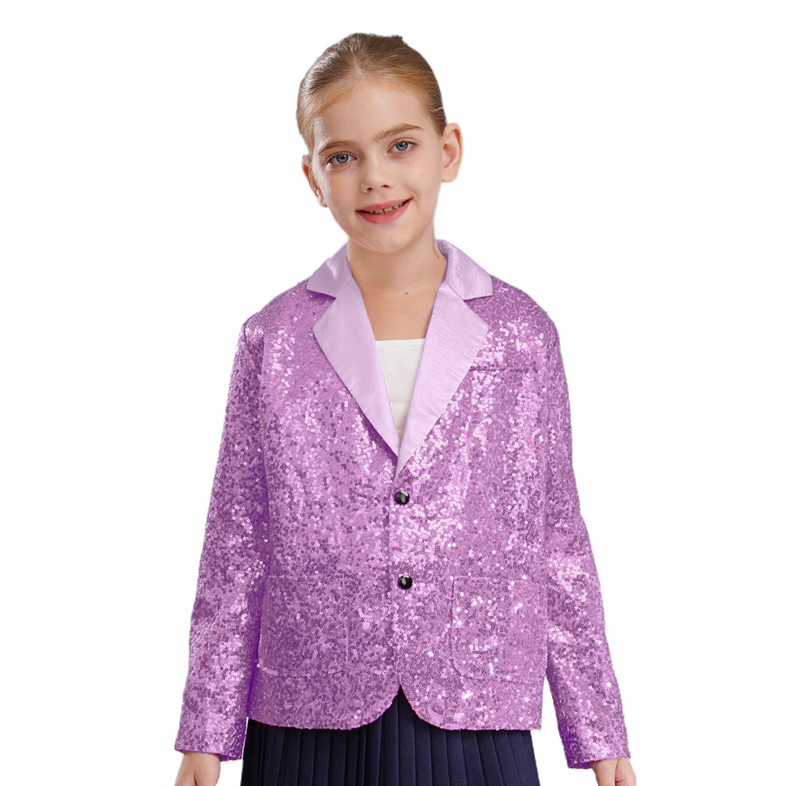 Kids Girls Sparkle Coat Blazer Jazz Dancewear Shiny Sequin Jacket Lapel Long Sleeve Suit for Dance Theme Party Pageant Outerwear