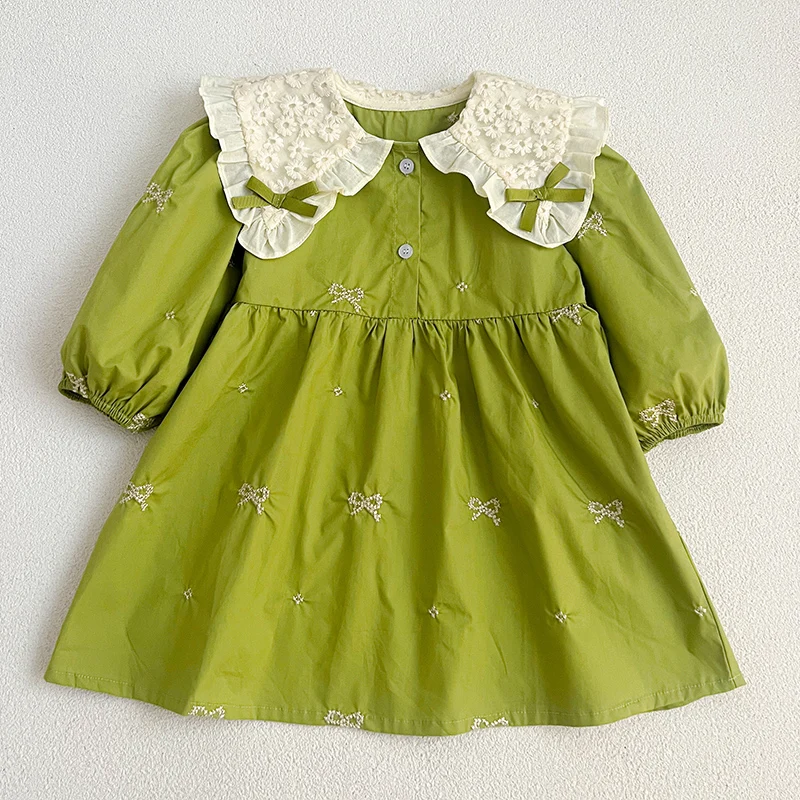 0-6Yrs Baby Girl Party Dress Autumn Girls Clothing Embroidered Bow Cotton Kids Princess Dresses European American Style Clothing