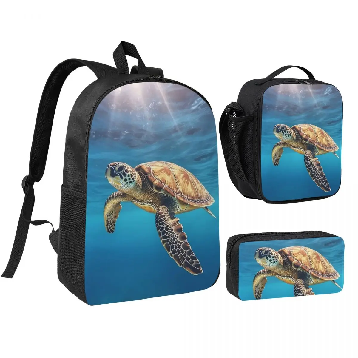Sea Turtle Swimming In Water Backpack Student BookBag School Bag Shoulder Bags 3ps Insulated Lunch Bag Pencil Case