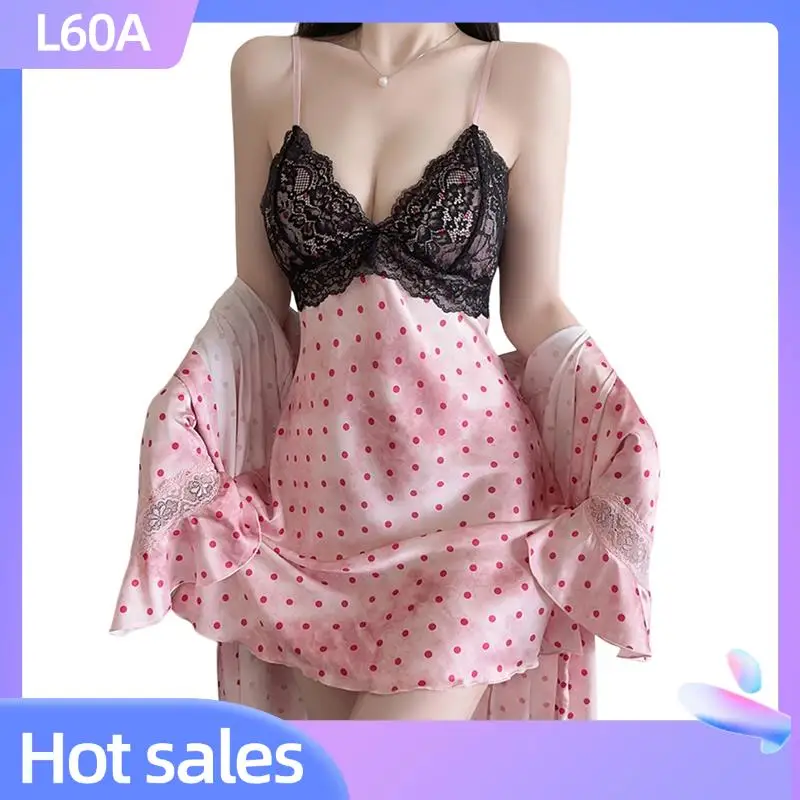 

L60A женская милая ночная рубашка с v-образным вырезом и девятиточечными рукавами, атласная кружевная ночная рубашка в горошек, ленивая ночная рубашка, верхний халат, розовый, один размер