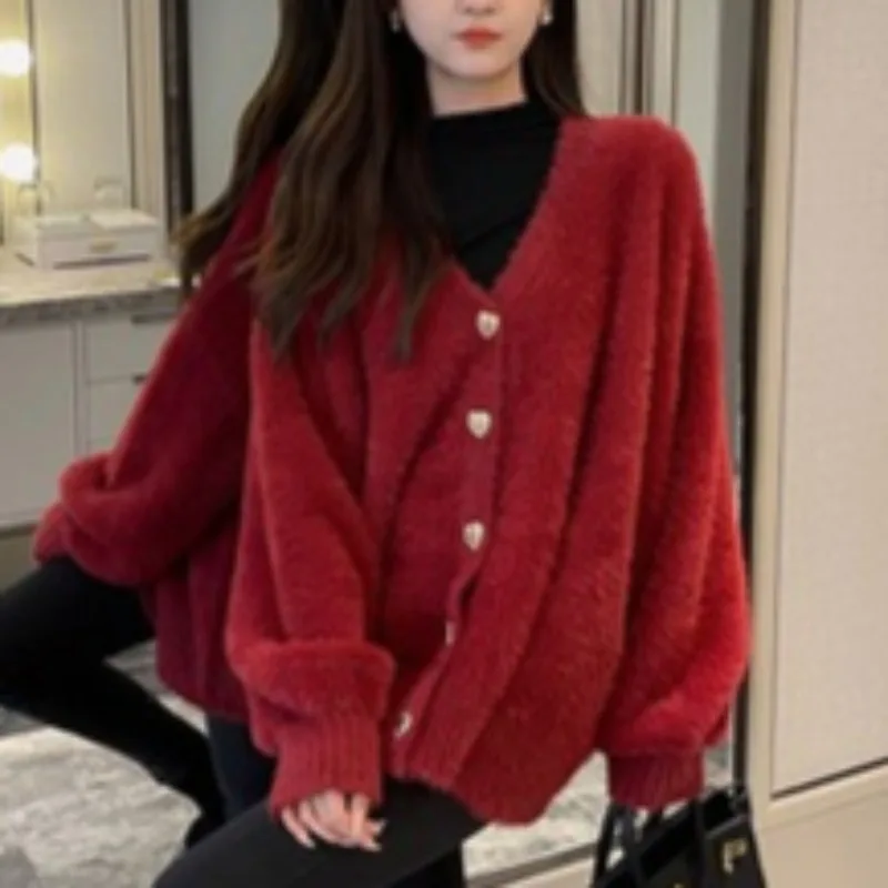 Solid Cardigans for Women All-match Korean Style Warm Autumn Winter V-neck Long Sleeve Fashion Chic Ins High Street Young Casual