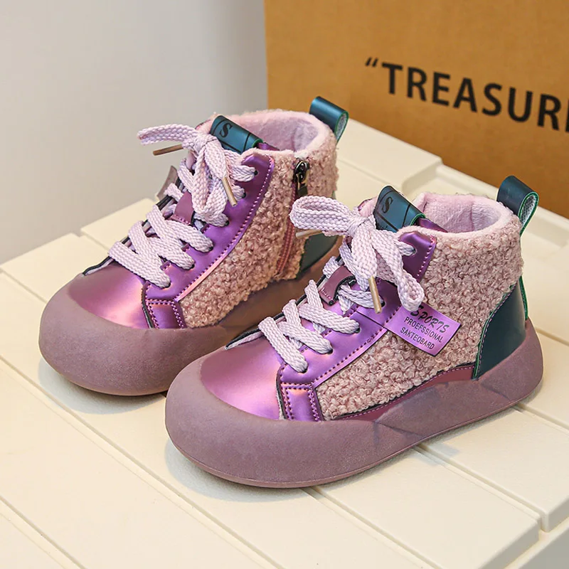 Fashion Purple Black Lambswool High Top Sneakers for Kid Girls Casual Plush Short Boots Boys Winter Warm Furry Sport Shoes