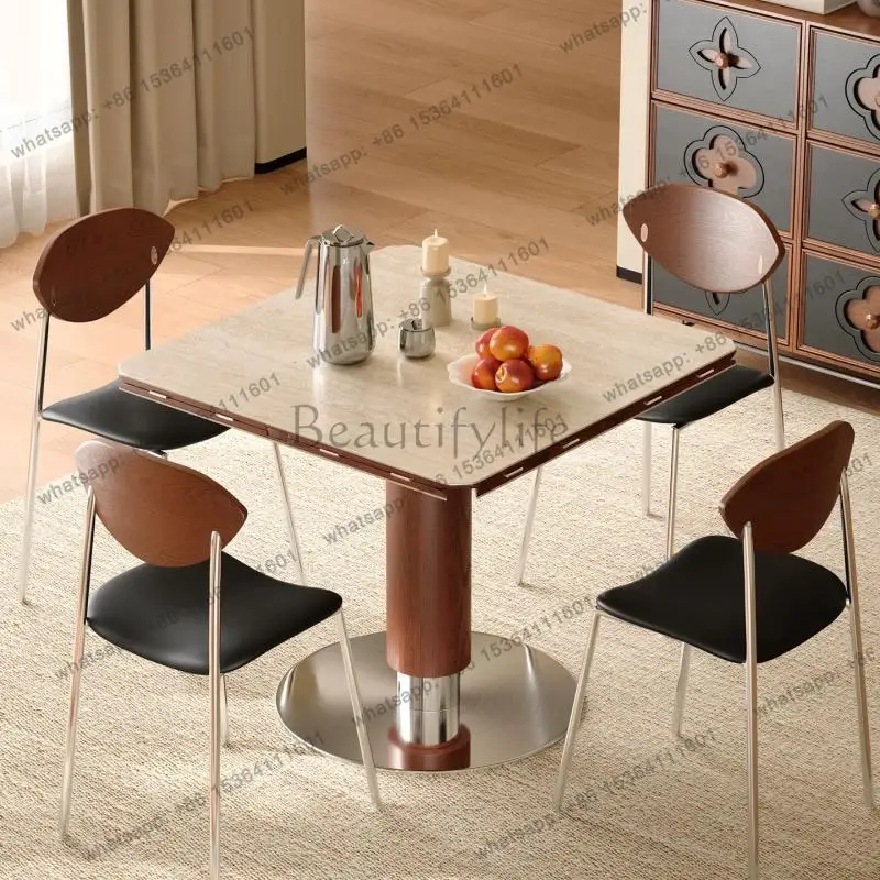 Folding rock slab dining table square variable round table medium antique solid wood square small apartment household