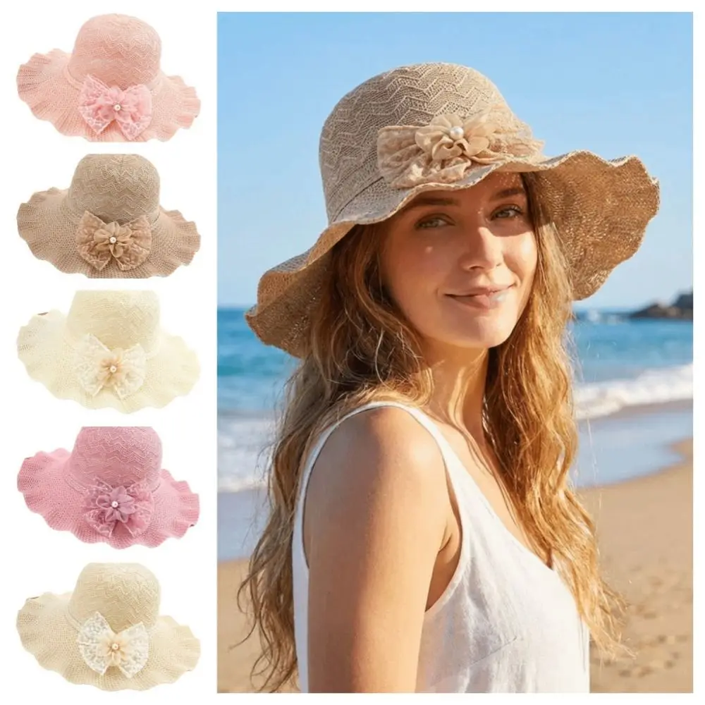 

Elegant Solid Color Wide Brim Knitted Hat Flower Breathable Weave Bucket Hat Lace Bow Large Brim Beach Sun Hat Travel
