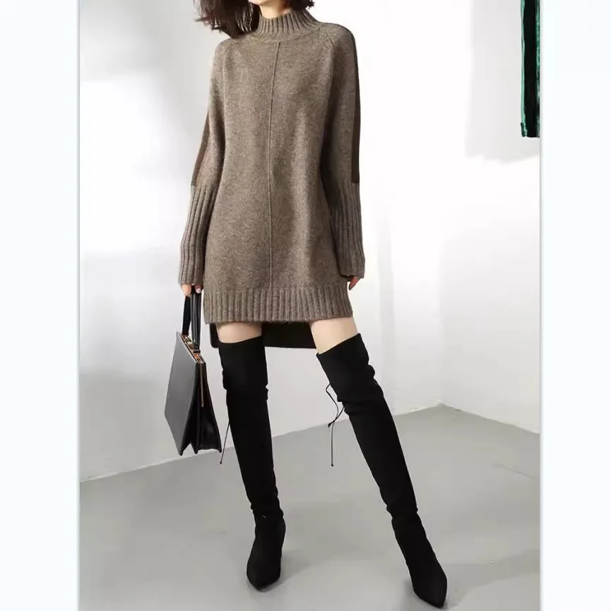 Spring and Autumn Half High Collar Color Blocked Medium Length Tops Loose Knitted Outerwear Dress for Women