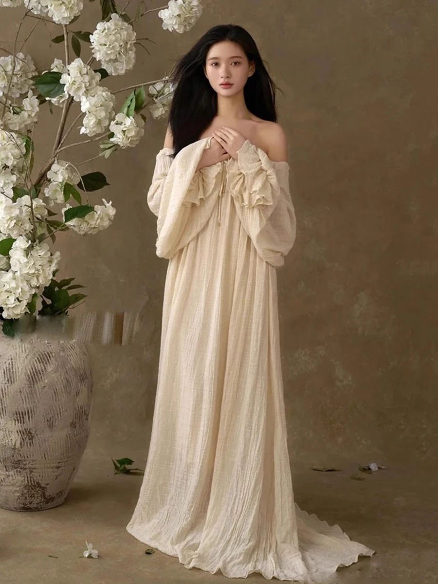 REDDACHiC Grecian Flowy Dress for Woman Linen Puff Sleeve Drawstring Solid Maxi Long Loose Sundress Boho Holiday Lounge Clothes