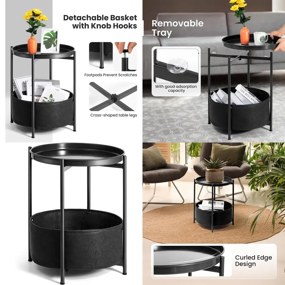 

Compact Black Round Side Table with Storage Basket and Removable Tray for Living Room, Bedroom, or Nursery