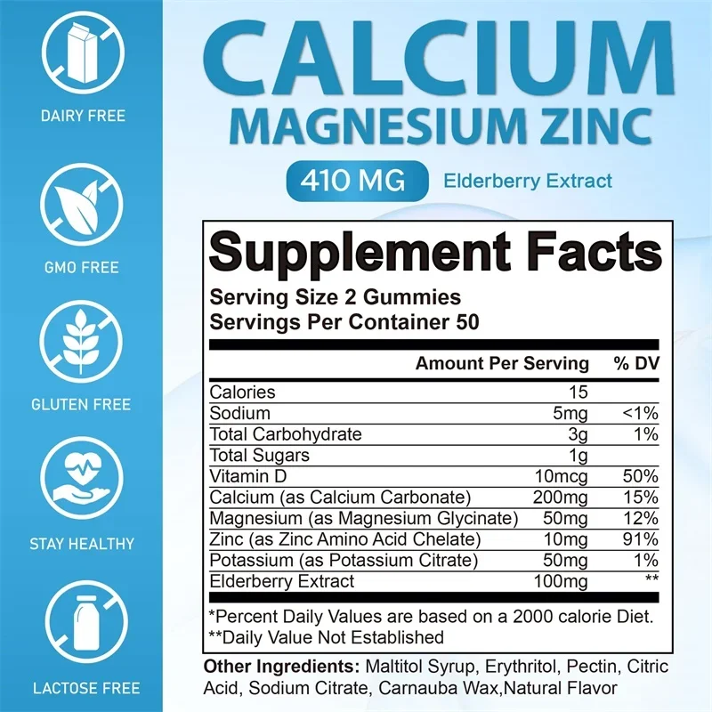 Calcium Magnesium Zinc Gummies - Stress & Anxiety Relief Support Strong Bones Joint and Heart Health