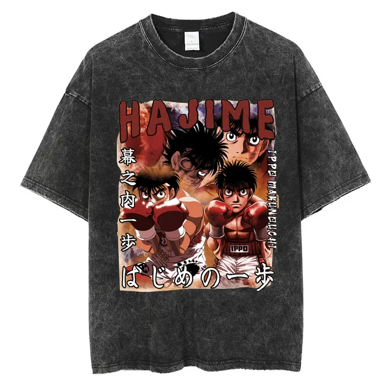 Anime Hajime No Ippo Washed Vintage T-shirt Kamogawa Boxing Gym Harajuku T-shirts Makunouchi Takamura KGB Loose Cotton T Shirt image 3