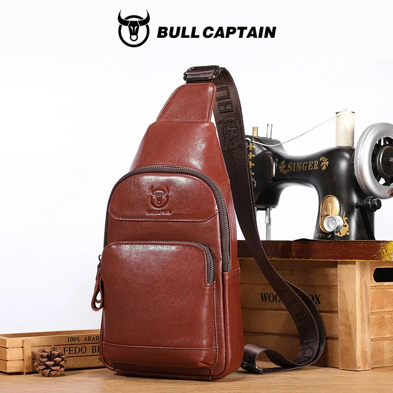BULLCAPTAIN męska torba na klatkę piersiowa z prawdziwej skóry wielofunkcyjna 7-calowa torba na telefon komórkowy skóra bydlęca Casual Retro torba na ramię typu crossbody