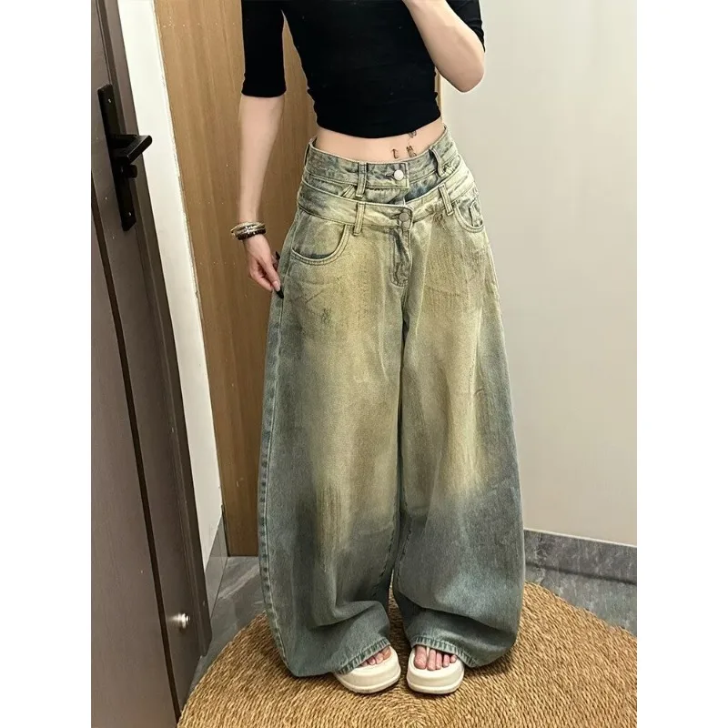 Women American Vintage Wide Leg Jeans Spring Autumn New Loose Drapey A Line Floor Length Denim Trousers