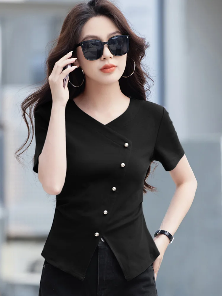 New Women Summer Asymmetric Button T-shirt Fashion V-Neck Short Sleeve Split Folds Design T-shirt Simplicity Casual Slim T-shirt