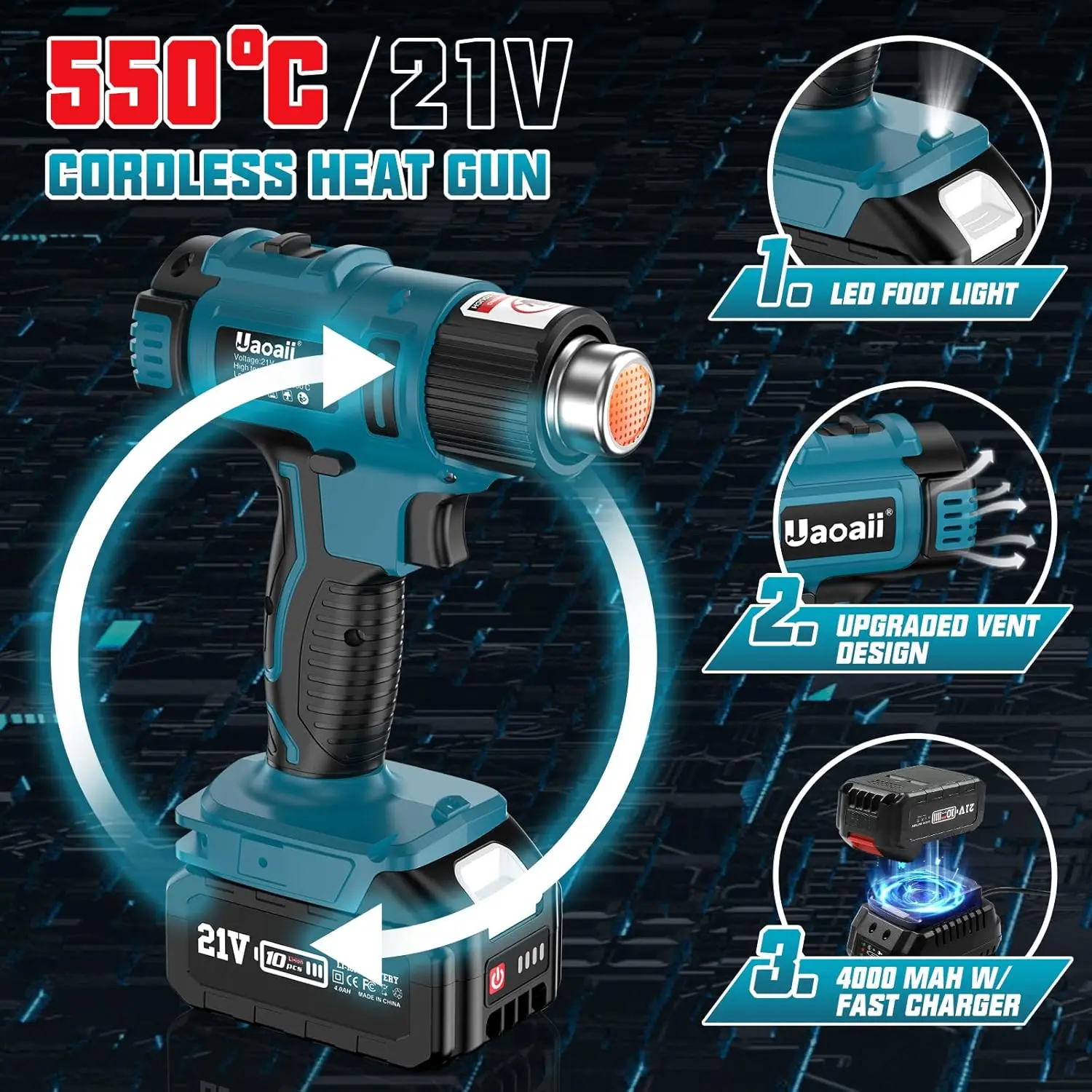 Heat Gun, Uaoaii 21V Hot Air Gun w/ 2x 4.0Ah Rechargeable Battery, 4 Nozzle, Led Light & Suitcase, 2-Temp Setting Max 1