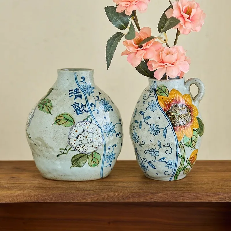 Original Personalized Blue White Underglaze Color Creative Hand-painted Irises Sunflowers Hydrangeas Rough Pottery Retro Vase