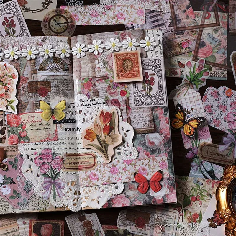 สติ๊กเกอร์ตกแต่งวินเทจ100ชิ้นสำหรับวารสารศิลปะขยะตกแต่งสวยงามภาพอัลบั้มภาพตัดปะแบบทำมือ