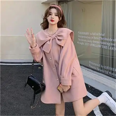 

Sweet Style Bow Design Woolen Coat Women Autumn Winter New Style Loose Slimming Versatile Casual Commuting Top