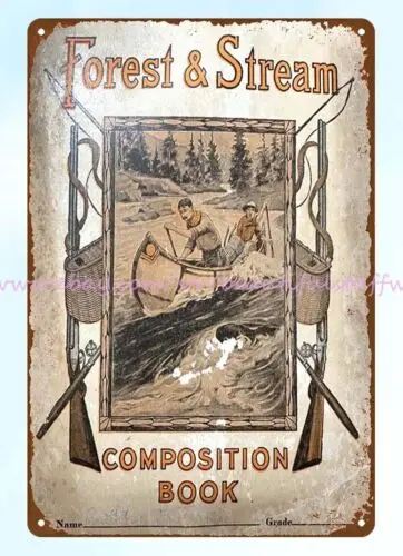 1920s Field Stream fishing hunting canoe rifles metal tin sign wall art design