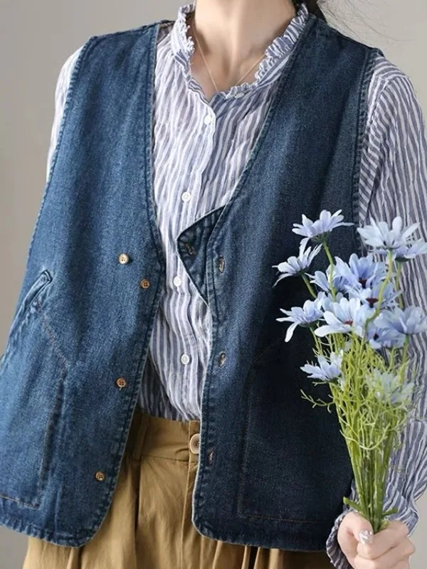 

Ретро-винтажный женский джинсовый жилет свободного кроя с V-образным вырезом в рабочем стиле, повседневный, легкий, дышащий, с боковыми карманами, весна-лето