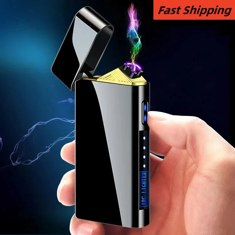 

New USB Electric Metal Windproof Pulse Flameless Double Arc Lighter LED Power Display Touch Igniting Cigar Lighter High end Gift