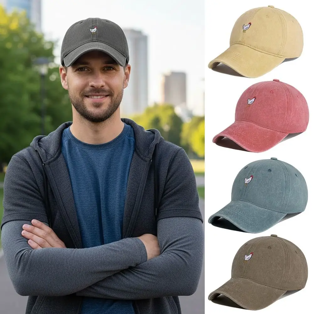 

Retro Chicken Patterned Embroidery Baseball Cap Washed Cotton Visor Baseball Hats Cartoon Adjustable Peaked Cap For Man Women