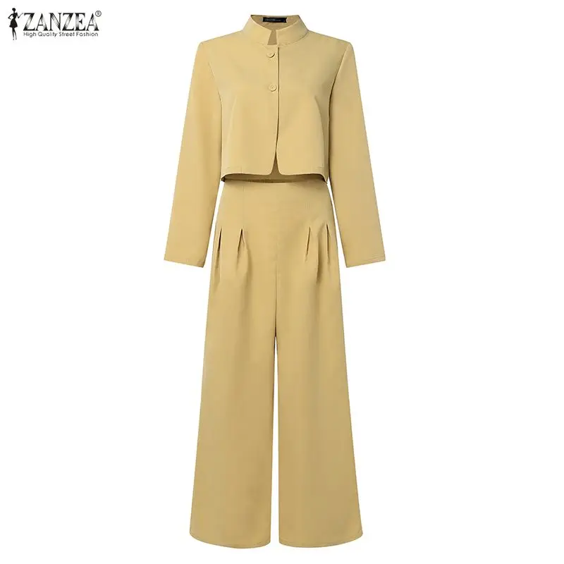 

ZANZEA Casual Women Pant Sets Summer Spring Solid Buttons Tops Wide Leg Pants 2PCS Long Sleeve Two-piece Outfits Matching Sets