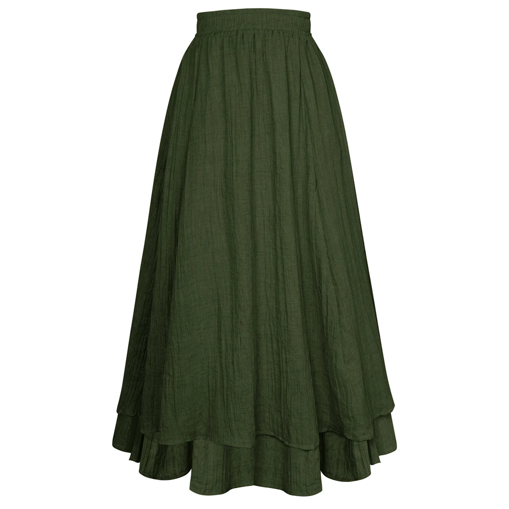 SD Women Skirts Vintage Renaissance 2-Layer Swing Skirt Elastic Waist A-Line Maxi Skirt High Waist linen Breathable Skirt