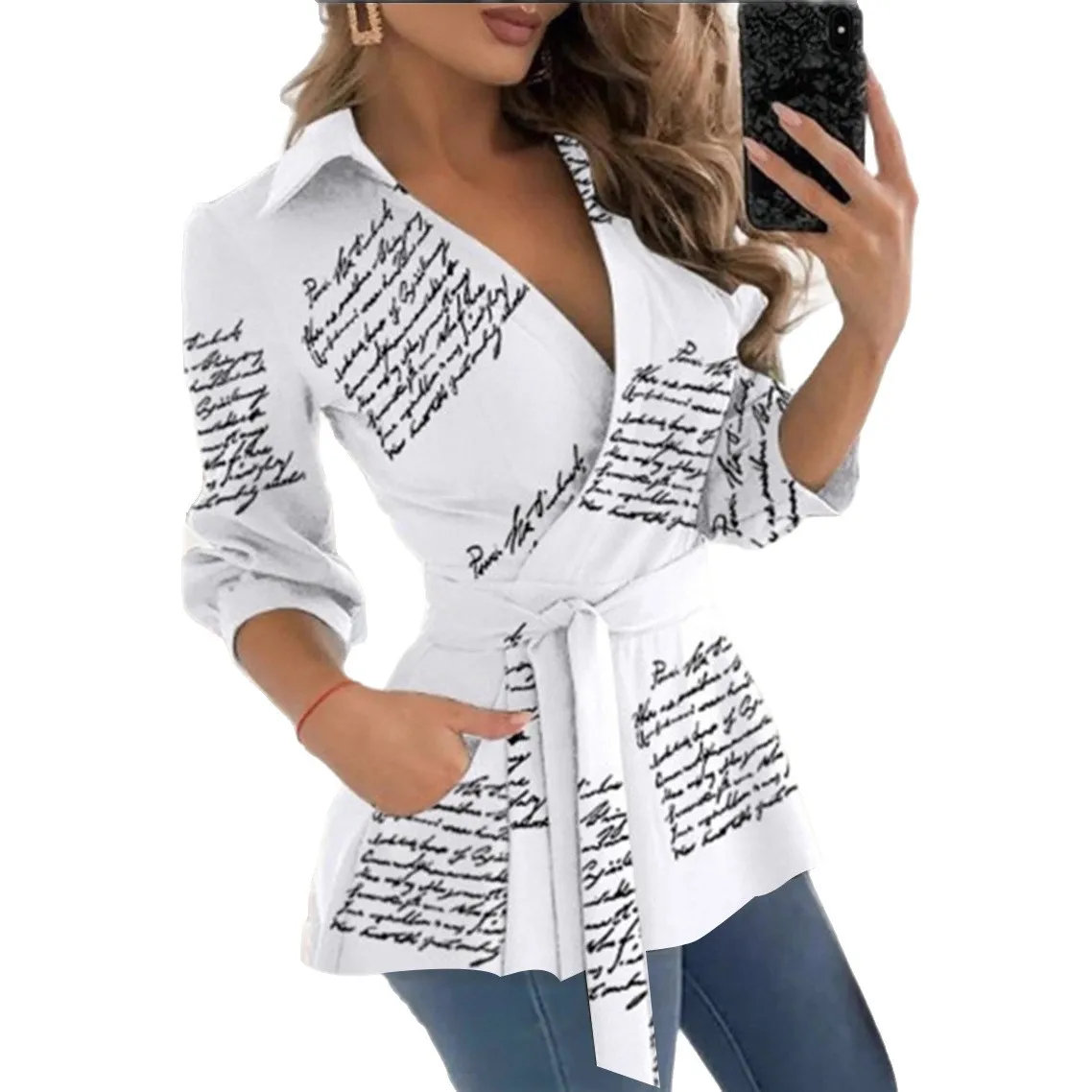 Primavera outono casual decote em v manga longa impresso camisa de trabalho topos feminino manga longa festa clube blusa de negócios topo com cinto