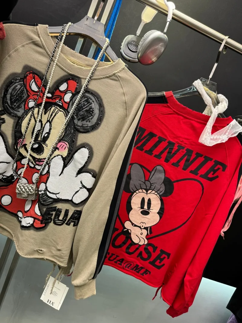 Autumn New Heavy Beaded Cartoon Crew Neck Sweatshirt Women's Loose Casual Pullovers Top Long-sleeves Sudaderas Streetwear Ladies