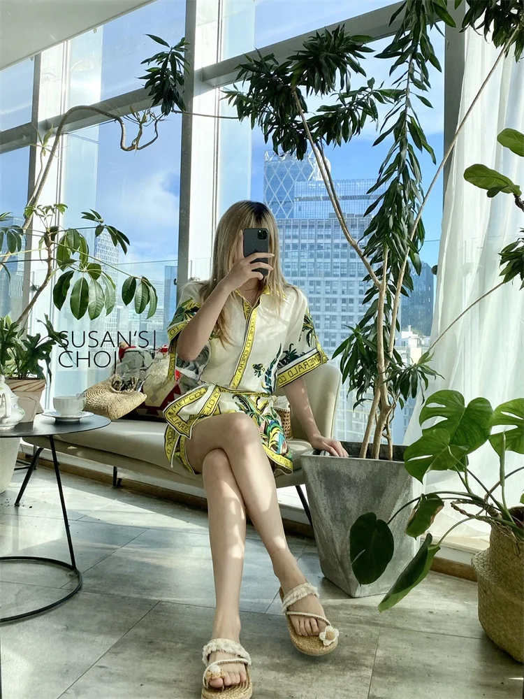 Set Rok dan Atasan Wanita Susan Australian Holiday Sle Retro Yellow Print Linen Loose Fit