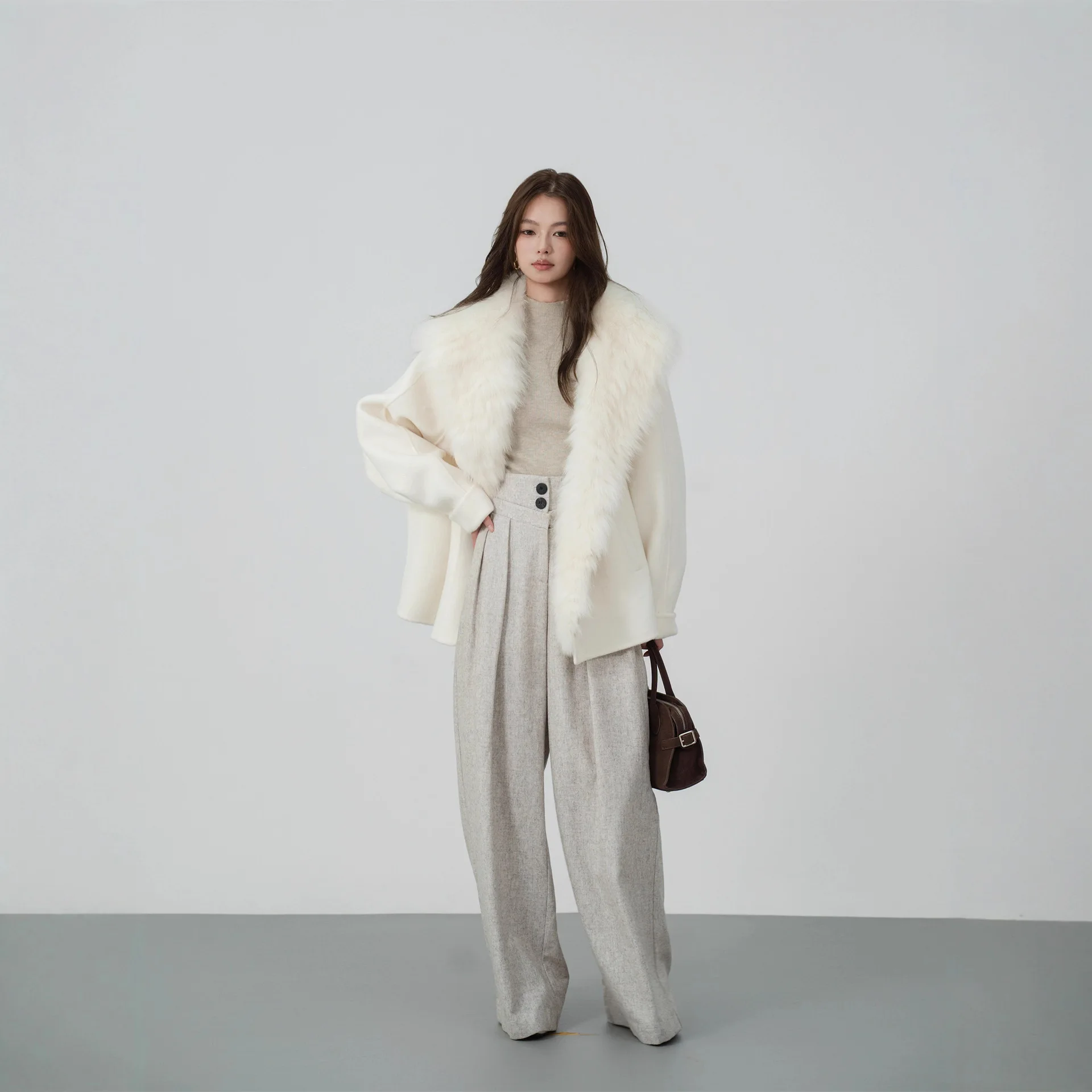 UMI MAO Autumn  Winter New 100% Wool Double-sided Woolen Mid-length Coat With Detachable Fox Fur Jacket
