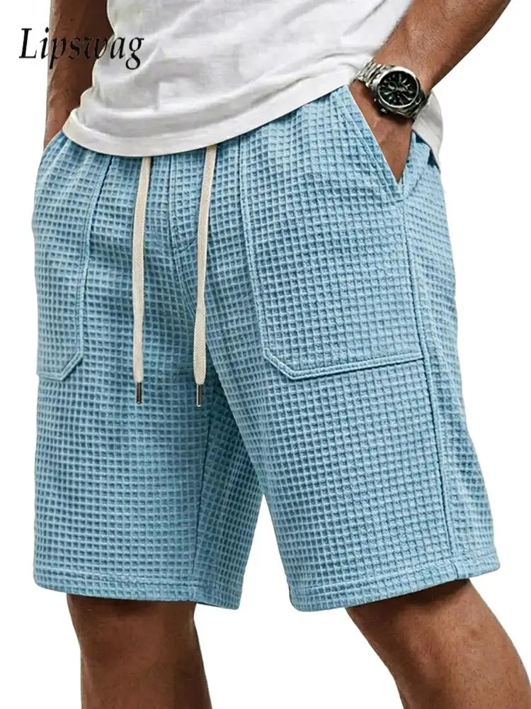 

Summer New Casual Mens Loose Shorts Vintage Waffle Plaid Texture Drawstring Shorts Men Daily Leisure Solid Color Straight Shorts
