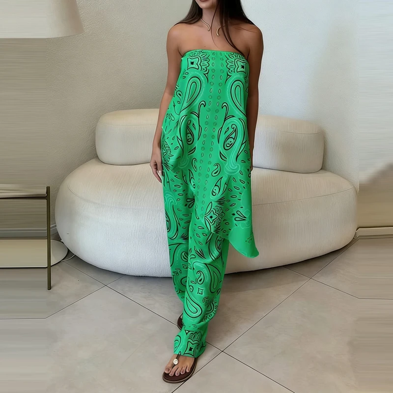 

Fashion Tube Top Pattern Printed Irregular Tops&Pants Sets Summer Hawaii Casual Vacation Two Piece Sets Elegant Women Simple Set