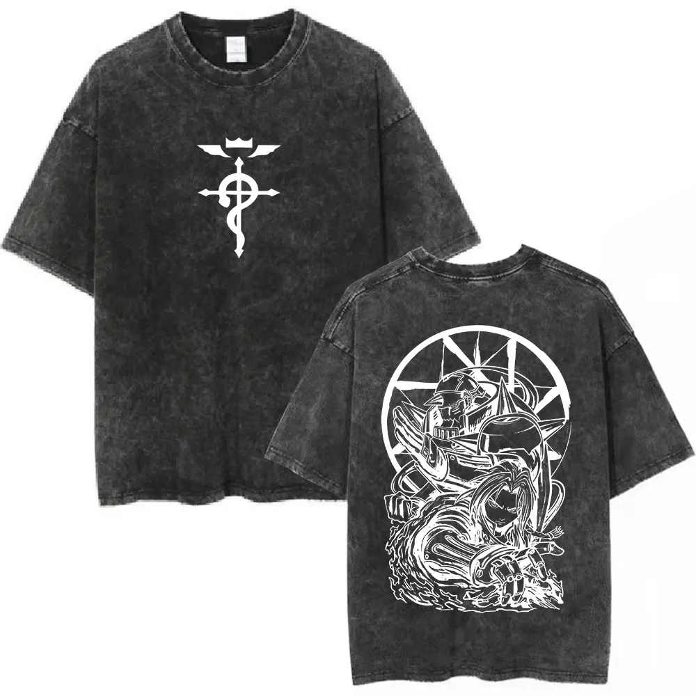Washed Anime Fullmetal Alchemist T Shirt Manga Fullmetal Fusion T-Shirt Unisex Fashion Casual Loose T-shirts Streetwear