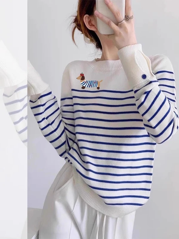 

Blue Striped Knitwear round Ne Base irt Inner Wear for Women Commute Sle Autumn Winter Regular Fit Long Sve Sweater