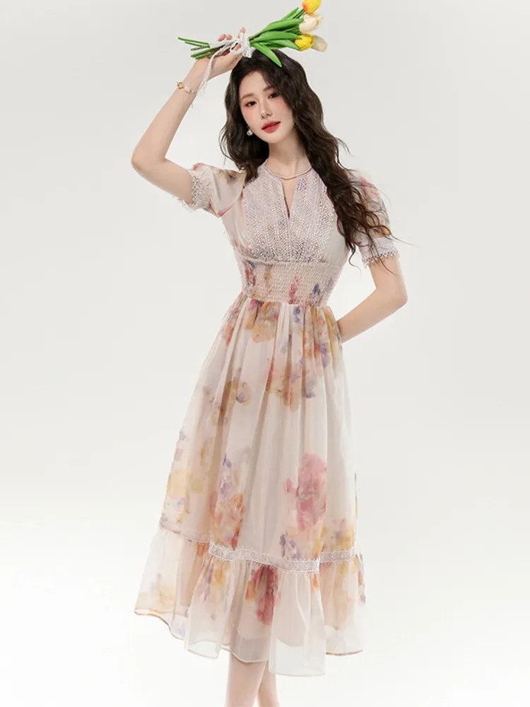 고품질 프랑스 휴가 비치 V넥 퍼프 소매 플로럴 여름 드레스 여성 2025 신상 패션 스윗 페어리 파티 롱 드레스