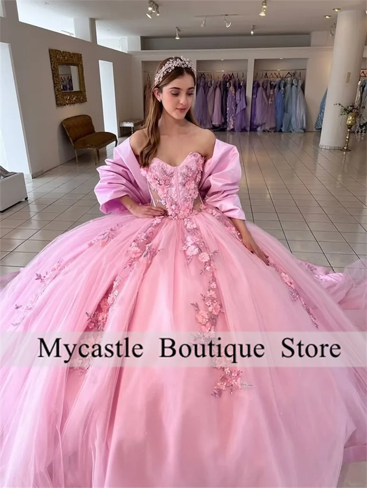 Robe de bal rose de luxe personnalisée, fleurs 3D, robes Quinnceanera, perles pailletées, robe de fête d'anniversaire pour filles, robe douce 16, 2025