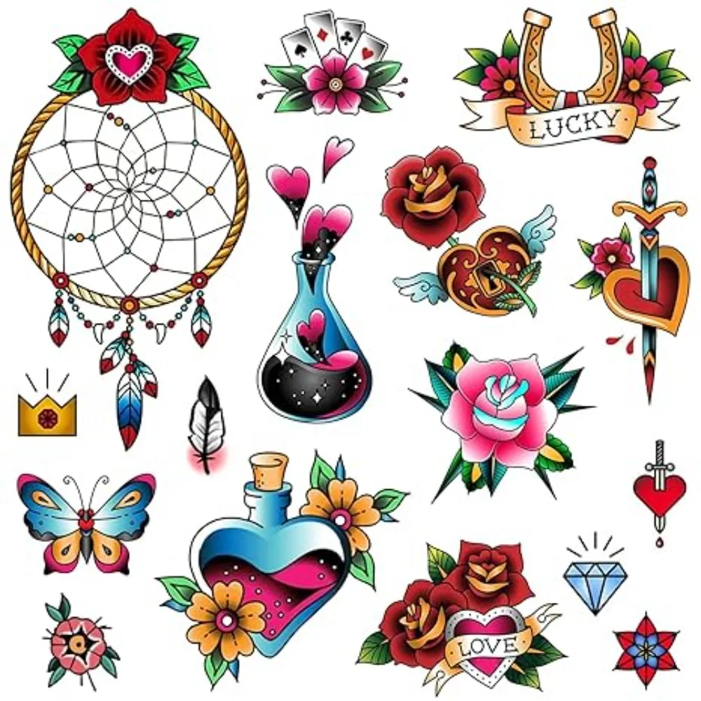 Pegatinas geniales Vintage de la vieja escuela tradicional, atrapasueños estilo marinero Jerry, botella de poción de mariposa, tatuaje temporal de flor