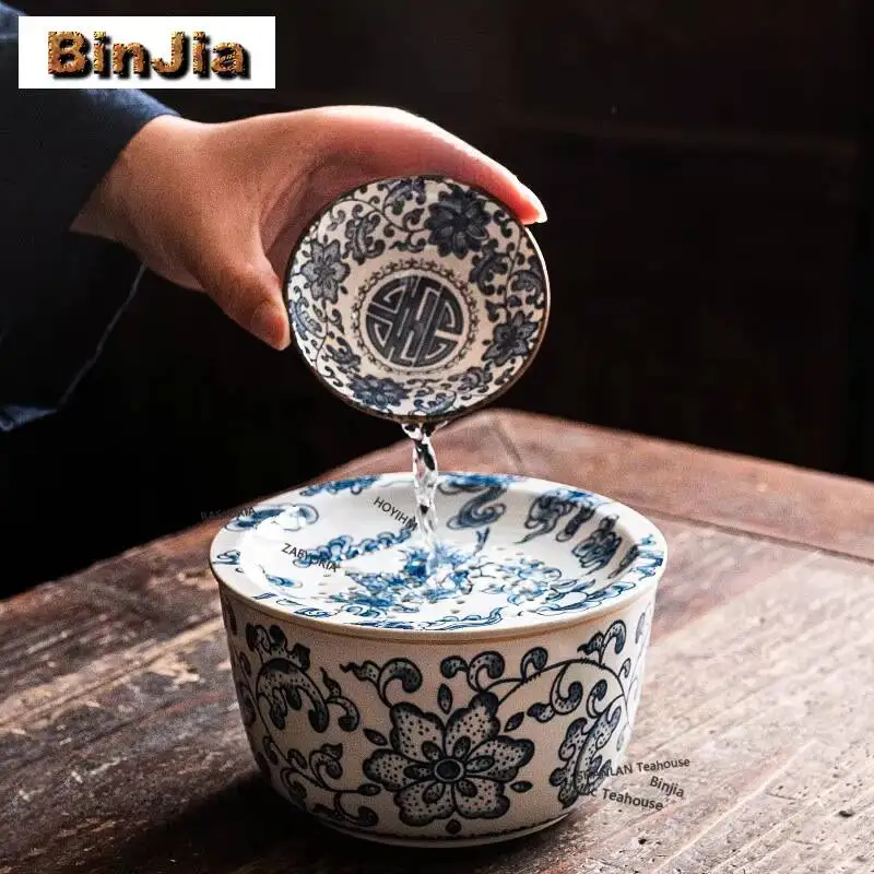 Blue And White Corianderma Truncatula Jianshui Tea Wash Bowl Writing-brush Washer Tea Residue Barrel Chaxi Drinkware Decoration