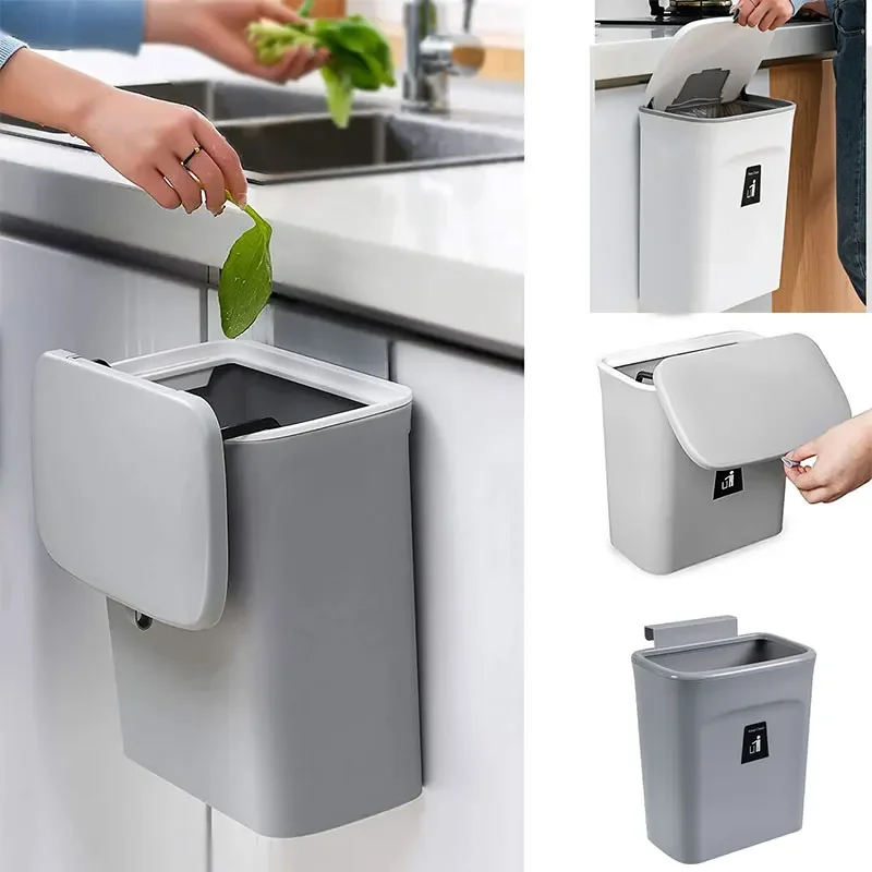 7/9L Wall Mounted Trash Can With Lid Waste Bin Kitchen Cabinet Door Hanging Trash Bin Garbage Car Recycle Dustbin Rubbish Can