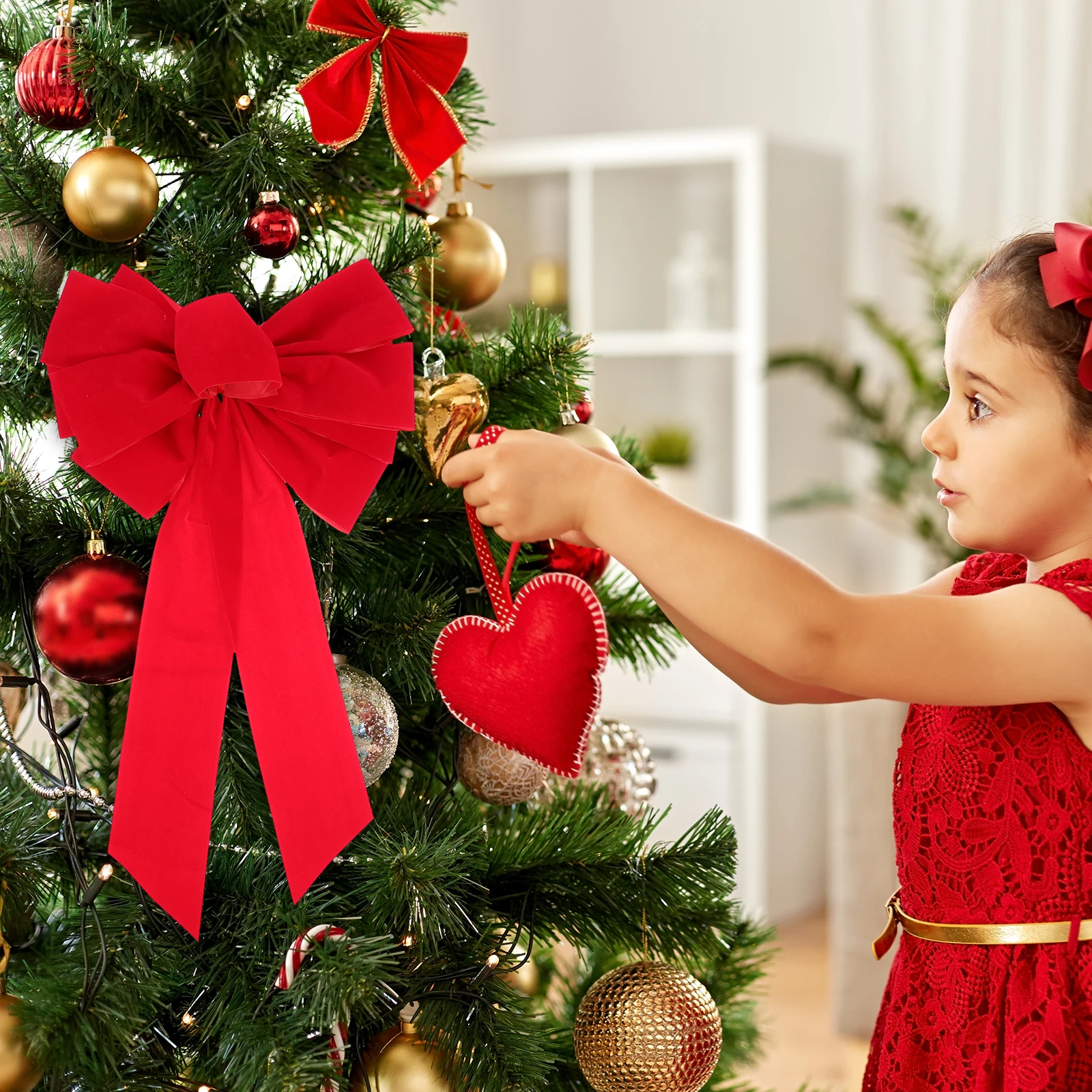 

4pcs Christmas Xmas Tree Decor Red Flannel Bowknot Ornament Reusable Home Hanging Party Decoration Bright Color Portable