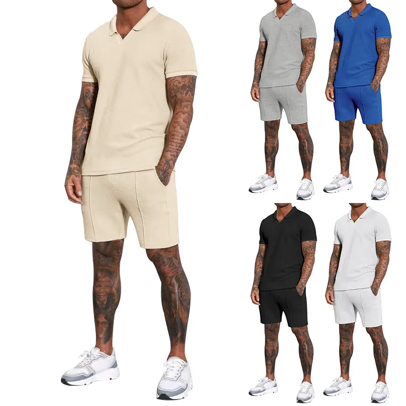 GZMS-Summer New WaffleVCollar Short Sleeve Shorts Two-Piece Set LapelPoloSuit for Men