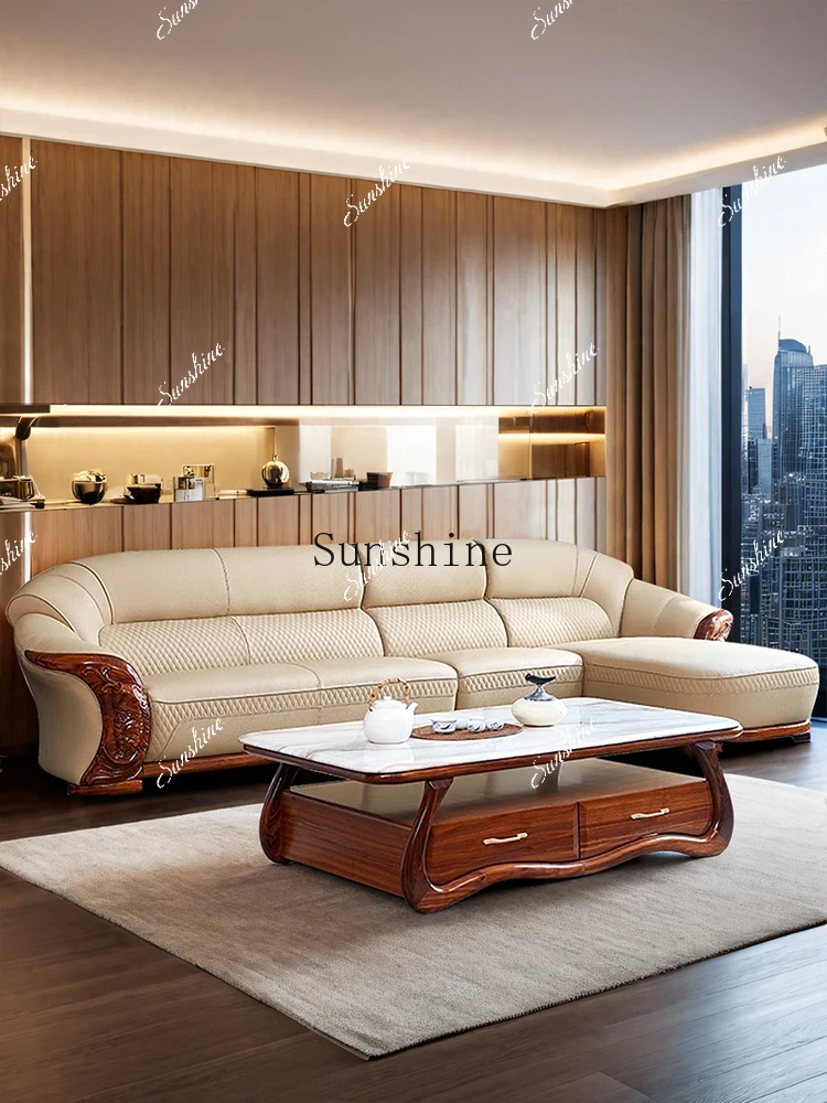 New Chinese ebony leather sofa high-end luxury European carved corner concubine furniture  FT