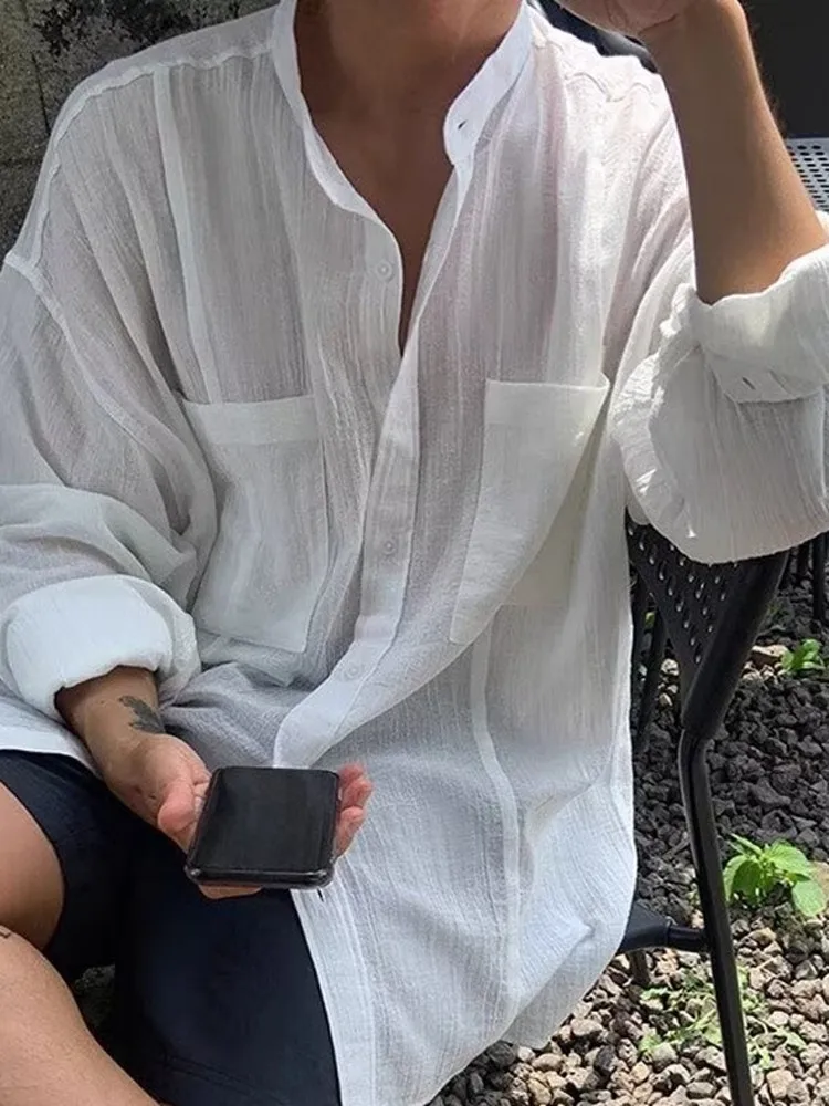 

White Linen Long Sve Men's irt Summer High Sensation Sunscreen Qui Dry Retro Japanese Sle Pure Color Outerwear