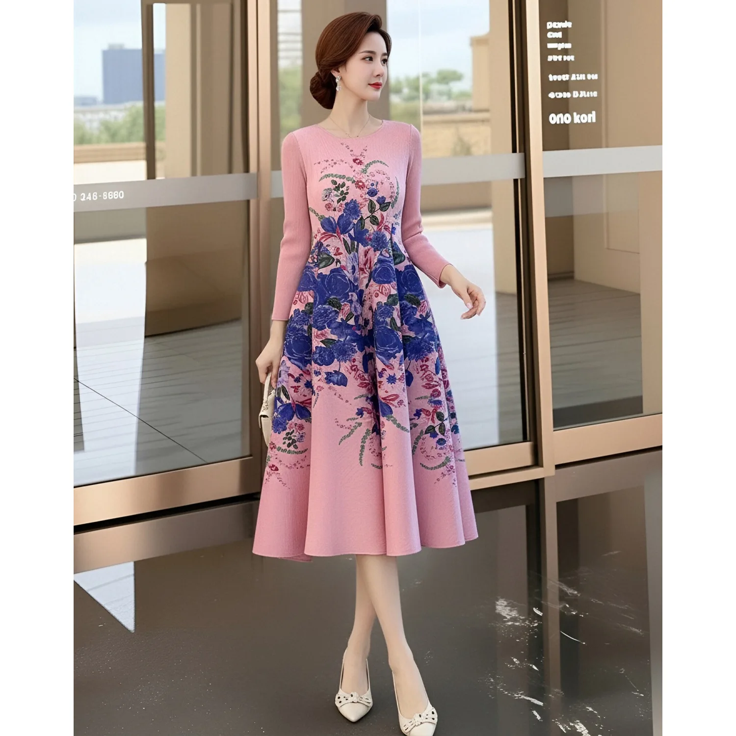 

Miyake Blue White Vintage Printed Pleated Women's Dresss Round-neck Long-sleeved Casual Dresses 2026 Spring New 2DB7210