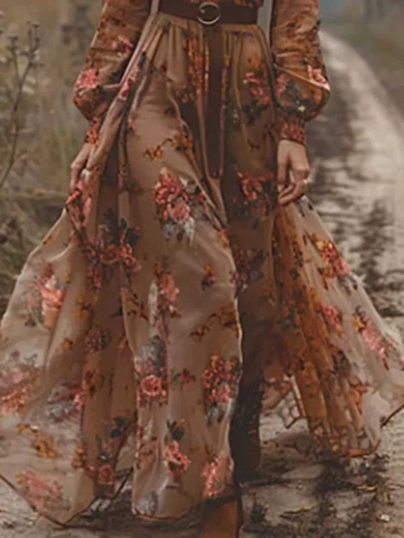 ヴィンテージパターンプリント長袖女性ドレスカジュアル V ネックハイウエストプリーツ秋ドレスエレガントなルーズボヘミアンドレス B7Q