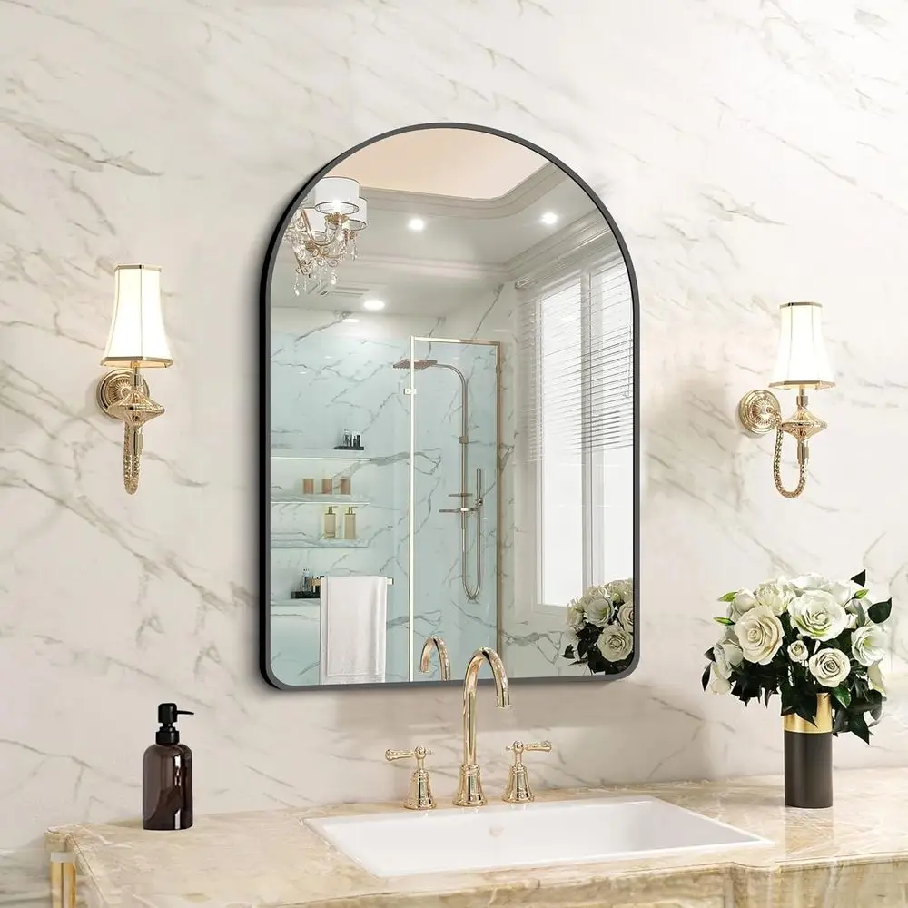 

Настенное арочное зеркало 20x28 дюймов, черная рама из сплава, идеально подходит для ванной, спальни, гостиной и прихожей - для подвешивания или настольного размещения