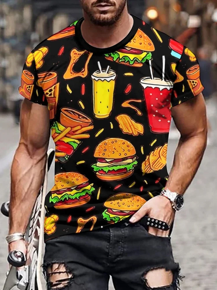 Fashion Men's Fast Food Print T-Shirt Summer Funny Hamburger Fries Cola Graphic Tee Hip Hop Streetwear Casual Short Sleeve
