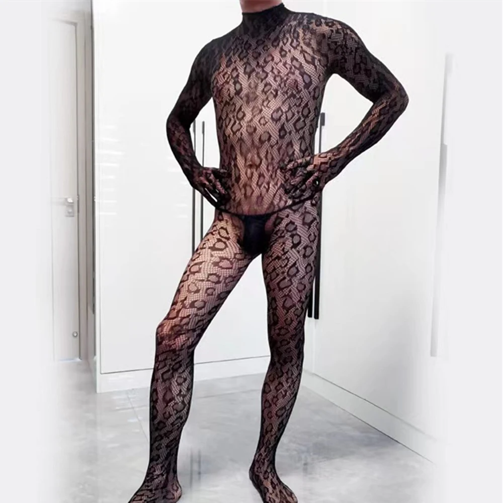 Sexy Men Sissy Jumpsuit Fishnet Lace Mesh Bodystocking See Through Hollow Out Lingerie Gay Man Seduction Bodysuit Erotic Wear