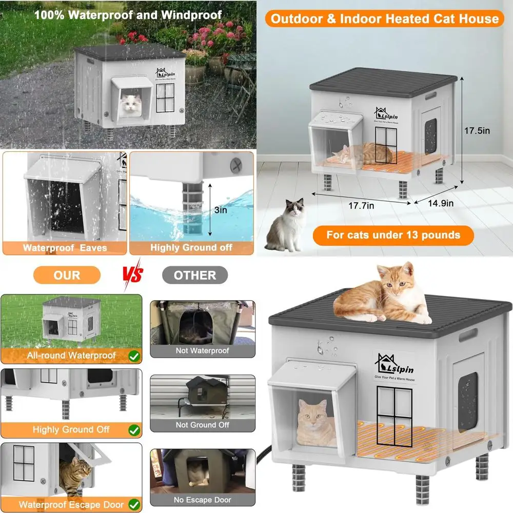

All-Weather Insulated Outdoor Cat Shelter with Escape Hatch, Elevated Feral Cat House for Winter, Suitable for Stray Cats, 17.7x